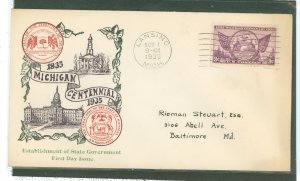 US 775 1935 3c Michigan Centennial on an addressed first day cover with a Top Notch cachet.