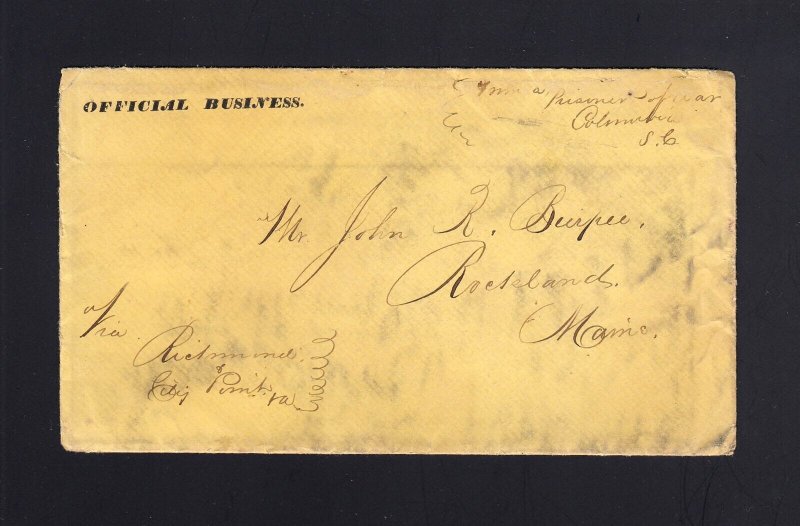 CIVIL WAR: Asylum Camp - Columbia, SC Feb. 1865 PRISONER Letter & Cover MAINE 