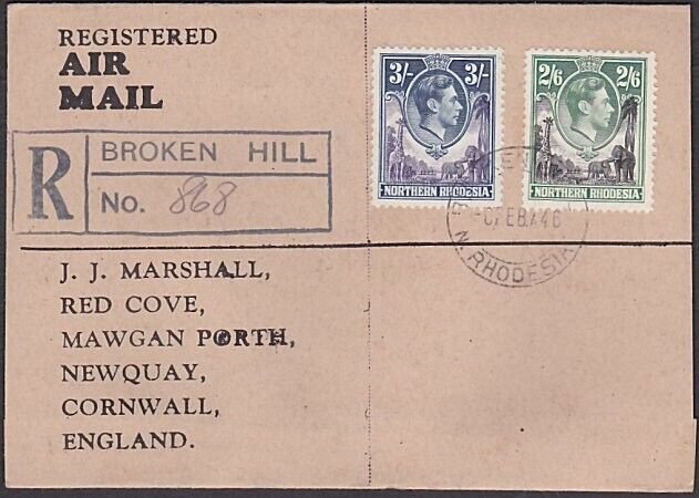 NORTHERN RHODESIA 1946 'Marshall' cover with GVI 2/6d & 3/- Reg ex Broken Hill 