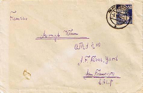 Germany Soviet Zone 50pf Marx 1950 (15) Possneck to San Francisco, Calif.  Sp...