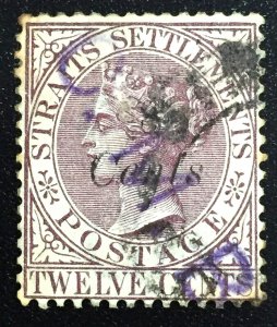 MALAYA Straits Settlements 1884 QV 8c opt 12c Used SG#75 Brown-Purple M4133