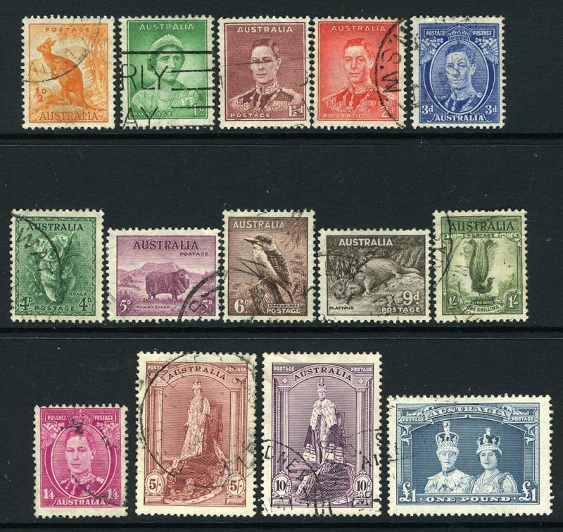 AUSTRALIA-1937-49 Perf 13½ x 14/14 x 13½ Set to £1 Sg 164-178 FINE USED V7935