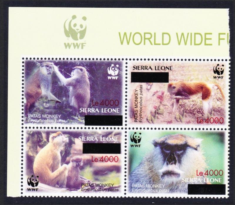 Sierra Leone WWF Patas Monkey with overprint Top Left Block of 4 WWF Logo RARE