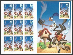 SCOTT  3392  WILE E. COYOTE & ROAD RUNNER  33¢ SHEET SPEICAL DIE CUT IMPERF. MNH