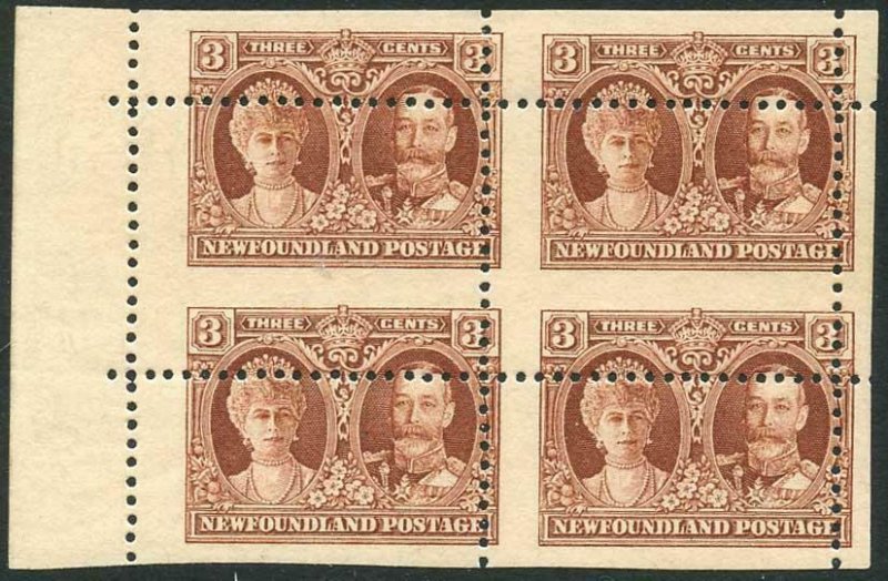 Newfoundland SG166 3c Brown Misperf Block of FOUR Superb M/M (2 x U/M)