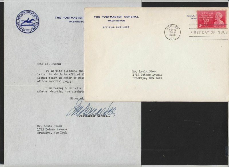 1948 Moina Michael Sc 977 signed Postmaster General Donaldson letter