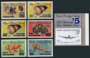 Cocos Isls 225/236,MNH.Mi 236,240-I-II,241-244. Shells & plane overprinted,1990.