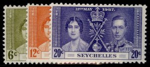 SEYCHELLES GVI SG132-134, 1937 CORONATION set, M MINT.