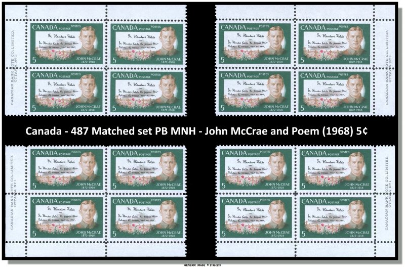 Canada - 487 Matched set PB MNH - John McCrae and Poem (1968) 5¢ - CV 7.00