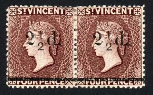 St Vincent SG54 2 1/2d on 4d Chocolate NO FRACTION BAR in Pair with Normal M/M