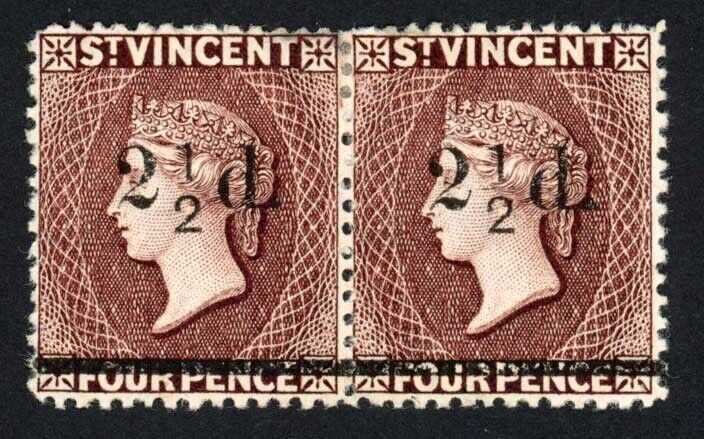 St Vincent SG54 2 1/2d on 4d Chocolate NO FRACTION BAR in Pair with Normal M/M