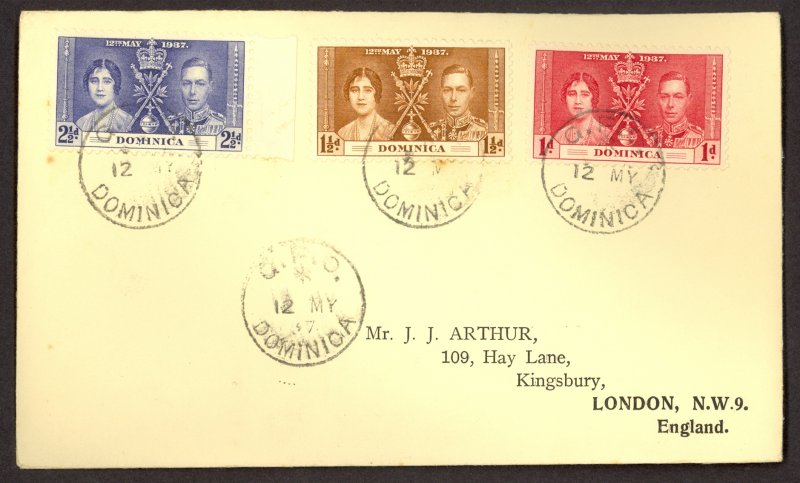 DOMINICA 1937 KGVI CORONATION Set on FDC Cover Sc 94-96
