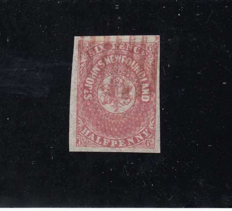 NEWFOUNDLAND # 7 VF-LIGHT USED 6.5d IMPERF SCARLET POSSIBLE FORGERY