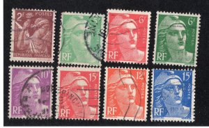 France 1944-51 2f to 15f values, Scott 384, 542, 544, 600, 602, 651-653 used