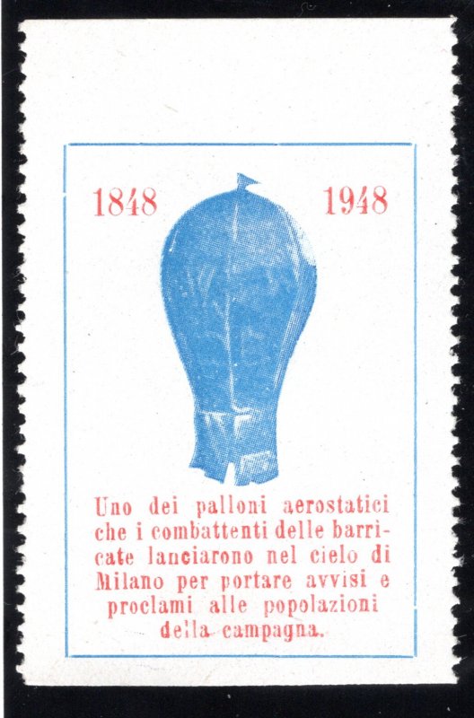 Italy Aviation Vignette, 1848-1948, commemmorative. MNHOG Balloon / Aviation Cin