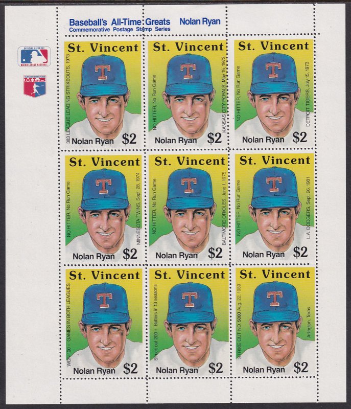 St Vincent 1989 Sc 1276 Nolan Ryan Baseball's All-Time Greats Player MS Stamp**