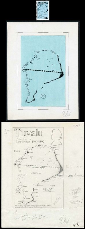Tuvalu Original Art Work by Ian Oliver for the 30c 1977 Royal Society Expedition
