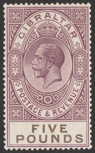 GIBRALTAR 1925 KGV £5 violet & black. SG 108 cat £1600. Rare.