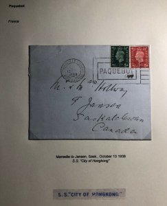 1938 Marseille France Paqueboat Cover To Jansen Canada SS City Of Hong Kong