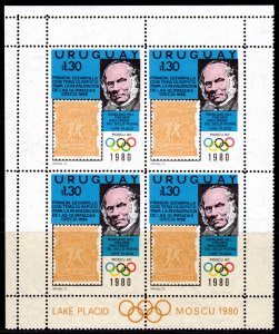 Uruguay 1979 Sc#1042 MOSCOW & PLACID LAKE OLYMPICS/ROWLAND HILL BLOCK OF 4 MNH