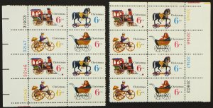 U.S. Mint Stamp Scott #1418b 6c Christmas Set of 2 Matching Plate # Blocks. NH.