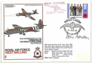 GB FIRST GLIDER MAIL West Malling Signed RAF Anniversary Cover PTS 1972 BK130