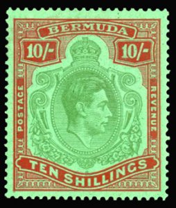 Bermuda #126var (SG 119c) Cat£70, 1938-53 George VI, 10sh yellowish green an...