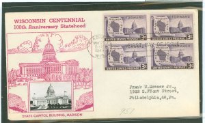 US 957 1946 3c Wisconsin Centennial (block of four) on an addressed first day cover with a Crosby cachet.