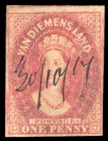 Tasmania #11 Cat$32.50, 1867 1p carmine, pen cancel, nice margins