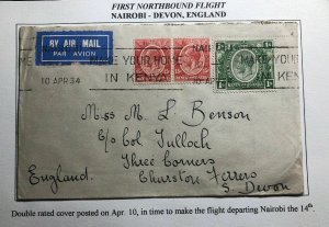 1934 Nairobi Kenya First Northbound Flight Cover FFC To Devon England