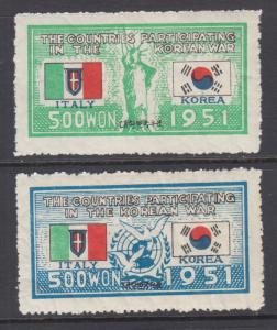 Korea Sc 154a-155a MNH. 1951 Flag of Korea and Italy without the Crown, fresh.