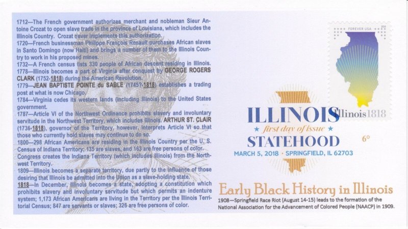 6° Cachets 5273 Illinois Statehood 2018 200th Anniversary Black History du Sable