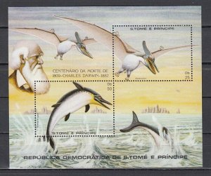 St. Thomas, Scott cat. 670 A-B. Charles Darwin, Dinosaur s/sheet. ^