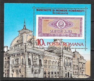 ROMANIA Sc 3451 NH SOUVENIR SHEET OF 1987 - CURRENCY - BANK