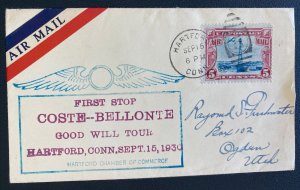 1930 Hartford CT USA Airmail cover First Stop Costes Bellonte National Air Tour