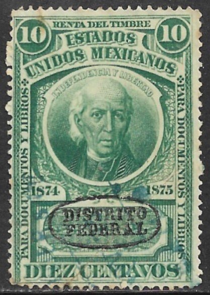 MEXICO REVENUES 1874-75 10c HIDAIGO WOVE Paper DISTRITO FEDERAL Control DO7 Used