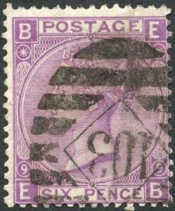 SG109 6d Mauve Plate 9 Wmk Spray Good used Cat 90 Pounds