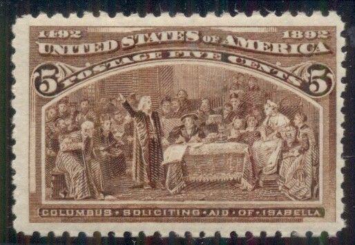 US #234 5¢ Columbian, og, NH, fresh and F/VF+, Miller certificate, Scott $140.00