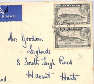 GIBRALTAR KGV Air Mail 4d Rate 2d PAIR Cover 1937 Hants Havant {samwells}PJ142