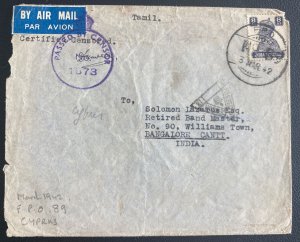 1942 Indian FPO 89 Cyprus Censored Airmail Cover To Band Master Bangalore India