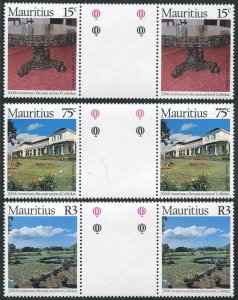 Mauritius 473-475 gutter, damaged gum. Chateau Le Reduit, 1978. Table, Garden.