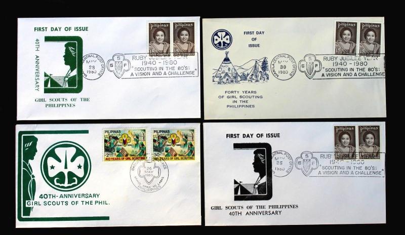 Philippines Sc# 1465-66 & 1196 on Lot of 4 FDC 1980 Girl Scouts Ruby Jubilee.