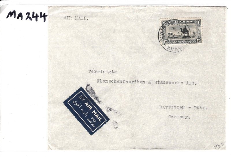 SUDAN Air Mail Cover ENGINEER Khartoum 1937 GERMANY Hattingen {samwells}MA244