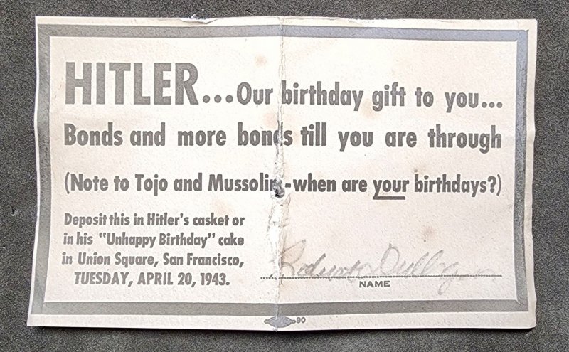 US Bonds card birthday gifts for Adolf Hitler April 20 1943 Tojo Mussolini