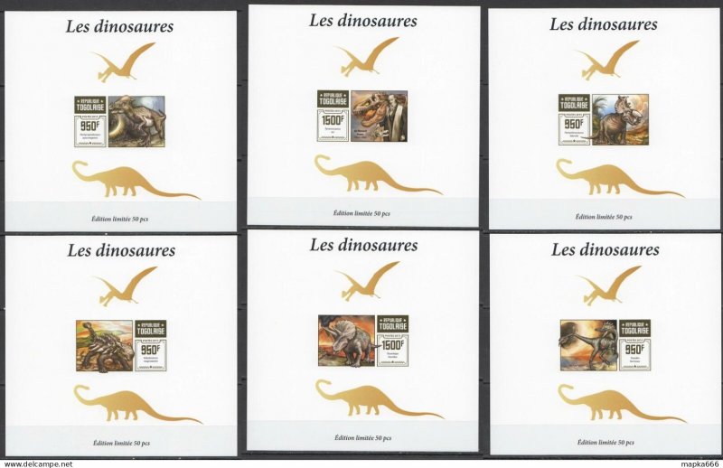 Lx197 Imperf 2015 Togo Dinosaurs Prehistoric Animals !!! Uv Cardboard 6Bl Mnh