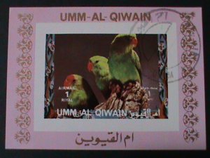 ​UMM AL QIWAIN- COLORFUL LOVELY BIRDS-CTO IMPERF-S/S VF-FANCY CANCEL