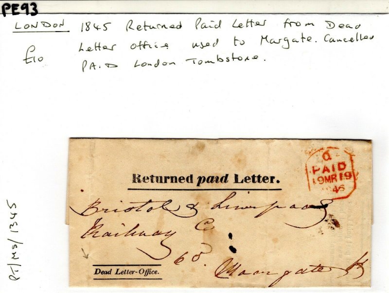 GB Cover Official *DEAD LETTER-OFFICE* Returned Paid Letter London 1845 PE93 