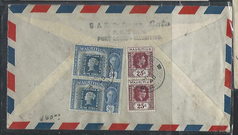 MAURITIUS COVER (P1311B)1948 KGVI 25C PR+ STAMP CENT 20C PR A/M TO CECHOSLOVAKIA