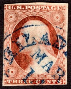 1857, US 3c, Washington, Used, Blue cancel, Sc 11A