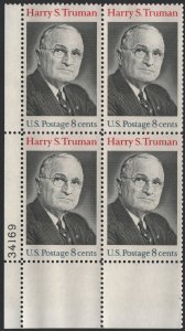 SC#1499 8¢ Harry S. Truman Issue Plate Block: LL #34169 (1973) MNH